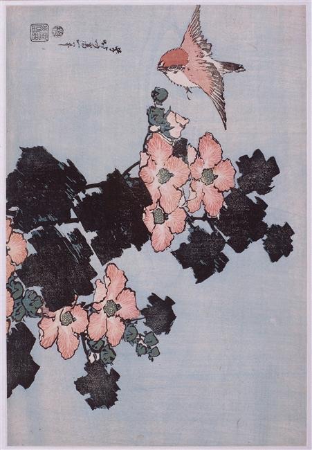 K.Hokusai, Hibiscus and Sparrow